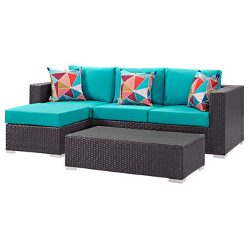 Lounge Sectional Sofa and Table Set, Rattan, Wicker, Dark Brown Blue, Outdoor