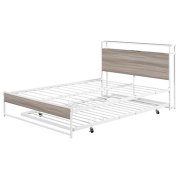 Modern Industrial Platform Bed, Pull Out Trundle & Charging Station, White/Queen