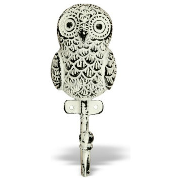 Owl Wall Hook in White Distressed Finish, 6" Height