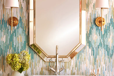 This is an example of a mid-sized contemporary master bathroom in San Diego with multi-coloured tile.