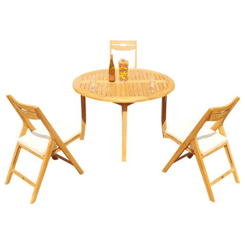 4-Piece Outdoor Teak Dining Set: 48" Round Table, 3 Surf Folding Arm Chairs