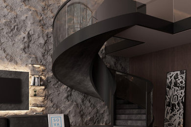 Foto de escalera de caracol moderna de tamaño medio con escalones de hormigón, contrahuellas de hormigón y barandilla de vidrio