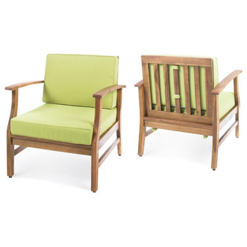 GDF Studio Pearl Outdoor Teak Acacia Wood Club Chairs With Cushion, Green, Set of 2