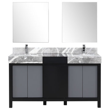Zilara 60" Black Double Vanity, Gray Marble Tops, Sinks, Chrome Faucet, Mirrors