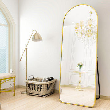 Easly 20x63 Aluminum Alloy Framed Arched Rounded Floor Mirror, Gold