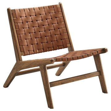 Modway Saoirse Woven Leather & Wood Accent Lounge Chair in Walnut/Brown