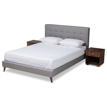 Modern Light Grey Fabric Upholstered Queen Size Platform Bed with 2- Nightstand