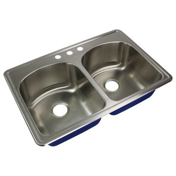 Meridian 33"x22 1/64"x9" D-Shape Double Drop-in SS Kitchen Sink, 3 Holes