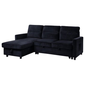 Ivy Black Velvet Reversible Sleeper Sectional Sofa, Storage Chaise, Side Pocket