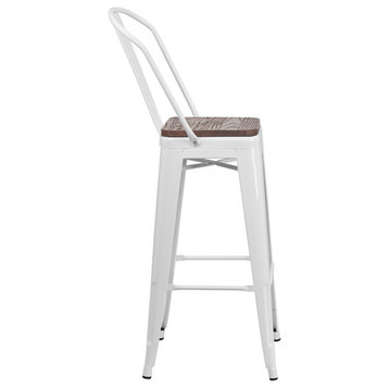 30"High White Metal Barstool with Back and Wood Seat