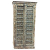 Consigned Antique Armoire Distressed Blue Floral Hand Carved Wardrobe , Cupboard