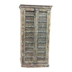 Mogul Interior - Consigned Antique Armoire Distressed Blue Floral Hand Carved Wardrobe , Cupboard - Armoires And Wardrobes