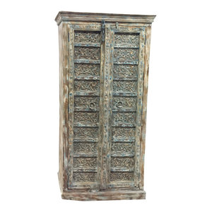 Mogul Interior - Consigned Antique Armoire Distressed Blue Floral Hand Carved Wardrobe , Cupboard - Armoires And Wardrobes