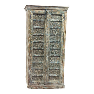 Mogul Interior - Consigned Antique Armoire Distressed Blue Floral Hand Carved Wardrobe , Cupboard - Armoires And Wardrobes