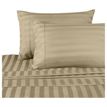 1200 Thread Count Egyptian Cotton Stripe Bed Sheet Set, Queen, Beige