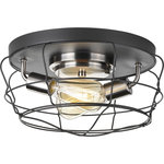 Progress Lighting - Gauge 2-Light Flush Mount - Inspired by industrial elements, Gauge features an open cage design that's both functional and aesthetically appealing. Multi-pendant is supplied with hoop frame to provide an element of customization. Frame is comprised of Graphite with Brushed Nickel accents.