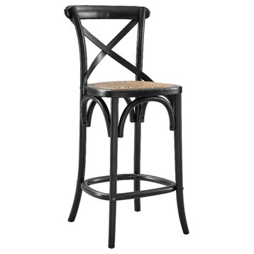 Modway Gear 39.5" Rattan and Elm Wood Counter Stool in Black Finish