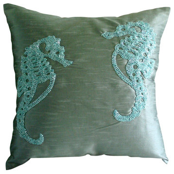 Blue Beaded Sea Horse 14"x14" Silk Pillows Covers for Couch, Sea Horse