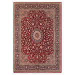 Bareens Designer Rugs - Isphan Pak Persian Winifred Red/Blue Wool&Silk Rug - 10'0'' x 13'9'' - Designed with mesmerizing intricacy and gorgeous color palette, this hand-knotted masterpiece demonstrates the beauty and electrifying thrill of Pak Persian art. These meticulously hand-knotted Pak-Persian rug is made with pure wool and features breathtaking traditional, transitional, and tribal designs in bold luxurious color pallets. Known for their intricate designs these rugs are a reproduction of Persian rugs, made in Pakistan with unique Mughal designs. Made by master weavers using the same Persian texture, design and dying technique, we wanted to produce the most significant manifestation of Persian art, life, and culture. This rug is most famous for its exceptional quality, incredible designs, patterns, and vibrant rich color. Pak-Persian rugs made with Persian weave with high knot counts, which enables the high intricacy and detail found in the patterns are also referred to as "State of art", each color adds a rich beautiful detail in the artwork of this rug. The design, color, and beautiful chromatic composition with a vibrant sheen with intricate designs, exude beauty, elegance, and quality make this rug a masterpiece of its own.