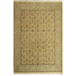 Bareens Designer Rugs - Tabriz Pak Persian Ora Gold/Green Wool Rug - 10'1'' x 14'2'' - Designed with mesmerizing intricacy and gorgeous color palette, this hand-knotted masterpiece demonstrates the beauty and electrifying thrill of Pak Persian art. These meticulously hand-knotted Pak-Persian rug is made with pure wool and features breathtaking traditional, transitional, and tribal designs in bold luxurious color pallets. Known for their intricate designs these rugs are a reproduction of Persian rugs, made in Pakistan with unique Mughal designs. Made by master weavers using the same Persian texture, design and dying technique, we wanted to produce the most significant manifestation of Persian art, life, and culture. This rug is most famous for its exceptional quality, incredible designs, patterns, and vibrant rich color. Pak-Persian rugs made with Persian weave with high knot counts, which enables the high intricacy and detail found in the patterns are also referred to as "State of art", each color adds a rich beautiful detail in the artwork of this rug. The design, color, and beautiful chromatic composition with a vibrant sheen with intricate designs, exude beauty, elegance, and quality make this rug a masterpiece of its own.