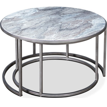 Set Of 2 Round Marble Top Nesting Tables - Silver