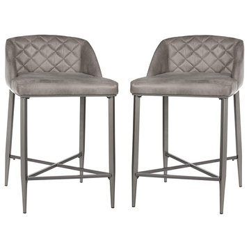 Set of 2 Counter Stool, Weathered Gray Faux Leather Seat and Diamond Tufted Back