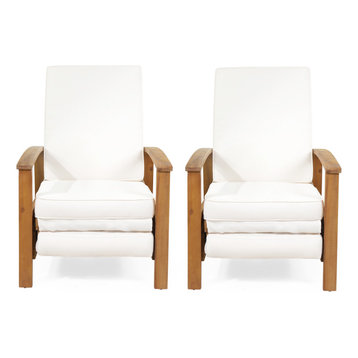 Olga Outdoor Acacia Wood Recliner With Cushion, Set of 2, Sandblast Teak/Cream