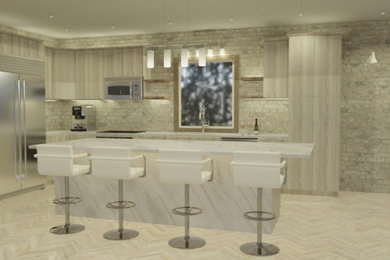 Eat-in kitchen - mid-sized eclectic l-shaped light wood floor and white floor eat-in kitchen idea in Other with an undermount sink, flat-panel cabinets, white cabinets, quartz countertops, white backsplash, brick backsplash, stainless steel appliances, an island and white countertops
