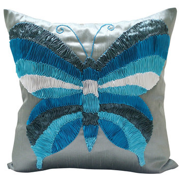 Blue Art Silk 22"x22" Multicolor Butterfly Pillows Cover, Butterfly Dreams