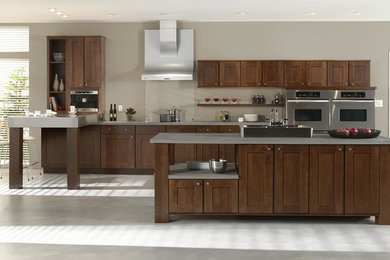 Inspiration for a mid-sized contemporary single-wall concrete floor eat-in kitchen remodel in Orange County with shaker cabinets, dark wood cabinets, quartzite countertops, stainless steel appliances and an island