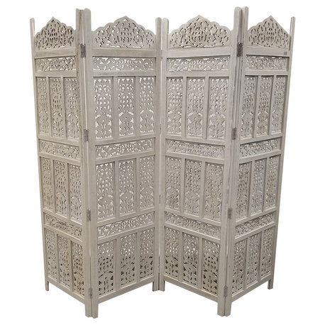 4 Panel Wooden Room Divider Distressed White Aesthetic Carved Design