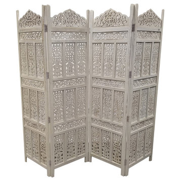 Benzara UPT-148945 4-Panel Wooden Partition Screen & Room Divider, Antique White