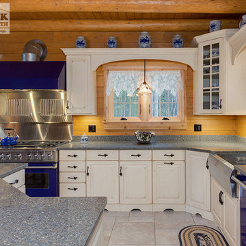 Log Cabin Kitchen With Blue Appliances