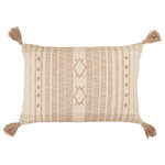 Jaipur Living - Vibe Razili Tribal Lumbar Pillow, Taupe and Cream, Polyester Fill - The Parable collection features Southwestern vibes and easy-going, fresh style. The Razili lumbar pillow showcases a mix of stripe and tribal motifs in chic tones of taupe and cream. Crafted of soft cotton, this light and neutral accent boasts bohemian touches of tasseled corners and a relaxed woven texture.