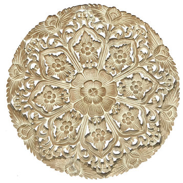 Asian Round Lotus Wood Plaque Carved Wood Wall Art Decor 24", White Wash