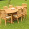 7-Piece Outdoor Teak Dining Set: 94" Masc Oval Table, 6 Mas Stacking Arm Chairs