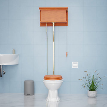 Wooden High Tank Pull Chain Toilet Light Oak Design with Elongated Ceramic Bowl