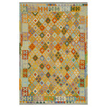 Bareens Designer Rugs - Rustic Turkish Kilim Watson Hand-Woven Wool Rug - 5'9'' x 8'0'' - Elevate the elegance of your home with this stunning hand-woven tribal Kilim wool rug. Meticulously crafted on a loom by the Nomad Turkman people using hand-spun wool and 100% natural vegetable dyes, these rugs are recognized for their repetitive geometric patterns, incorporating naturalistic floral and traditional designs. The contemporary fashion palette results in bold, sharp patterns that are incredibly versatile, as the pattern is the same on both sides. These reversible rugs feature a lighter shade on one side and brighter colors on the other, providing versatility according to preference. These unique rugs are made by knotting short strands of different colors onto the warps and securing them by tightly pressing the wefts. The designs are created by interweaving the various colored wefts and warps. Kilims are known for their exceptional durability and versatility, making them truly unique rugs.  Product Details    Rug Size: 5'9'' x 8'0''  Material: 100% Wool  Style: Kilim, Flat Weave, Dhurrie, Turkish, Southwestern, Rustic, Tribal  Colors: Orange, Blue  Weave Type: Hand-Woven, Handmade  Pile Height: Less than 0.25 inch