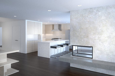 Huge minimalist l-shaped dark wood floor and brown floor open concept kitchen photo in Other with a drop-in sink, flat-panel cabinets, light wood cabinets, quartzite countertops, white backsplash, marble backsplash, stainless steel appliances, an island and white countertops