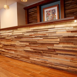 Reclaimed Timber Tile Paneling in a Modern Reception Area - Wall Panels