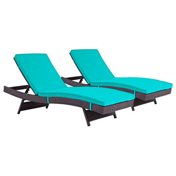 Modern Contemporary Outdoor Patio Chaise Lounge Chair, Set of 2, Blue, Rattan