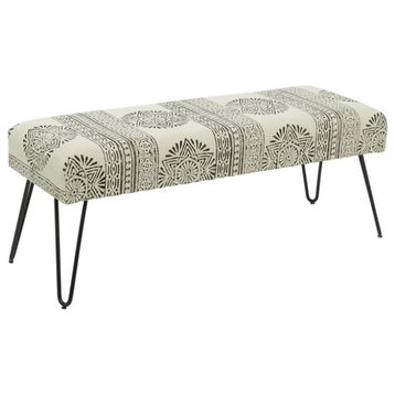Bohemian Accent Bench, Hairpin Legs With Comfortable Seat, White Floral