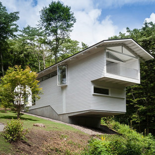 他の地域のコンテンポラリースタイルのおしゃれな二階建ての家 (ビニールサイディング、グレーの外壁、切妻屋根、戸建、金属屋根) の写真