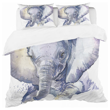 Baby Elephant Blue Watercolor Tropical Duvet Cover Set, Twin