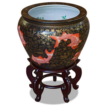 17" Hand Crafted Koi Design Porcelain Fishbowl, Without Stand