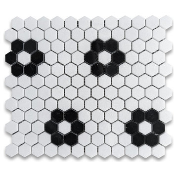 Thassos White Marble Hexagon Rosette Mosaic Tile Nero Marquina Black, 1 sheet