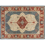 Bareens Designer Rugs - Tribal Heriz Ziegler Art Red Blue Hand-Knotted Rug - 10'1'' x 14'0'' - Enhance the ambiance of your home with this magnificent Persian-influenced Turkish hand-knotted rug made by skilled artisans capable of creating the most exceptional vegetable dyes and hand-spun wool. This exquisite handmade rug is a one-of-a-kind Peshawar Kafkaz, otherwise identified as Chobi, Chobi Peshawar, Oushak, or Ziegler rug. These handmade rugs are crafted in Pakistan utilizing superior-quality wool imported from Australia, New Zealand, and Korea in two types of weaves: the Persian weave and the Mori weave. This rug is meticulously crafted by hand using the finest natural vegetable dyes extracted from local plants. The artisans use a blend of hand-spun local and fine merino wool, resulting in a rug with a compelling texture, higher lanolin content, and longer staple. The artisans occasionally incorporate natural or artificial silk into the pile to enhance specific motifs. The finished product is an awe-inspiring execution of flawless design and an understated palette that exudes elegance.