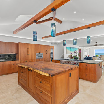 Wide view of luxury kitchen and living area