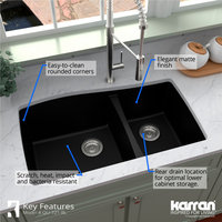 Karran Undermount Quartz 33" 60/40 Double Bowl Kitchen Sink, Black