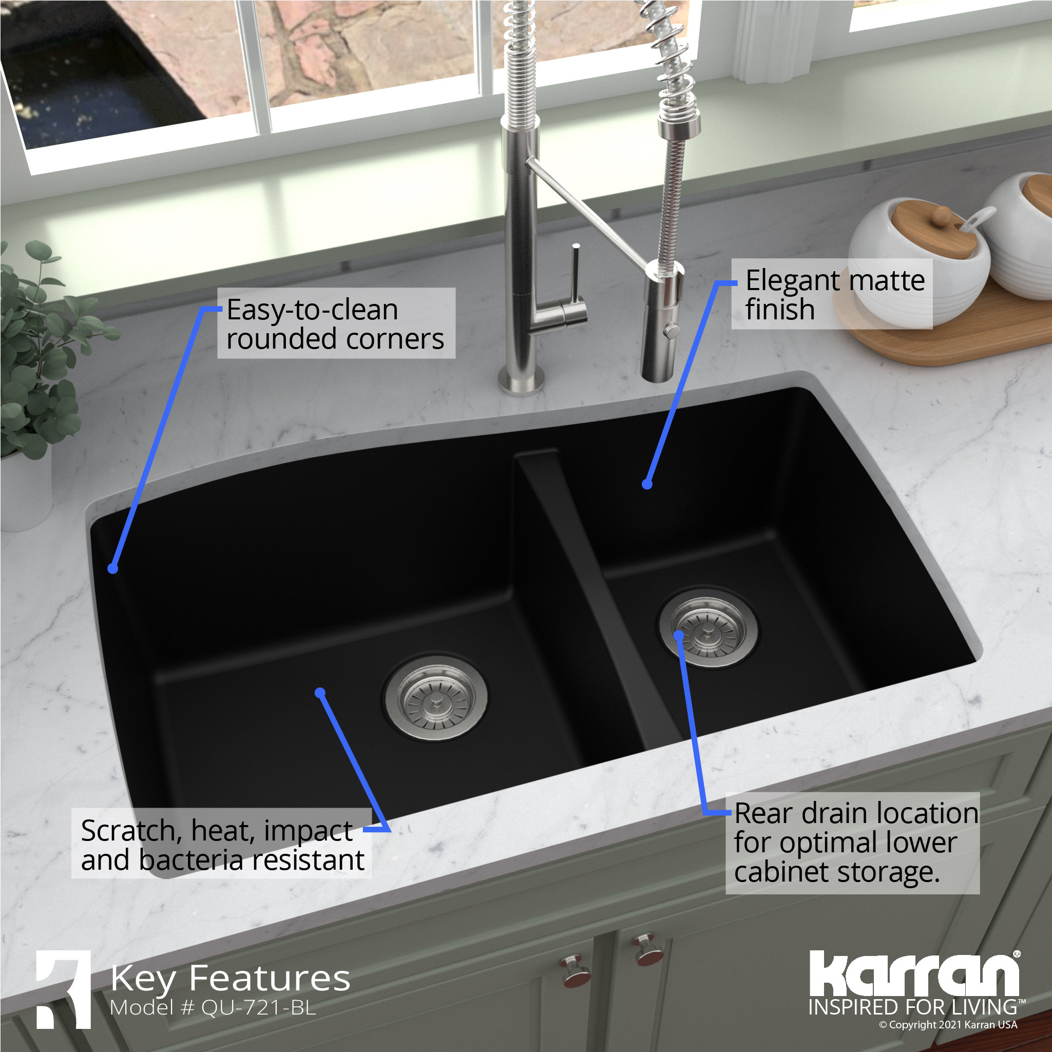 Karran Undermount Quartz 33" 60/40 Double Bowl Kitchen Sink, Black